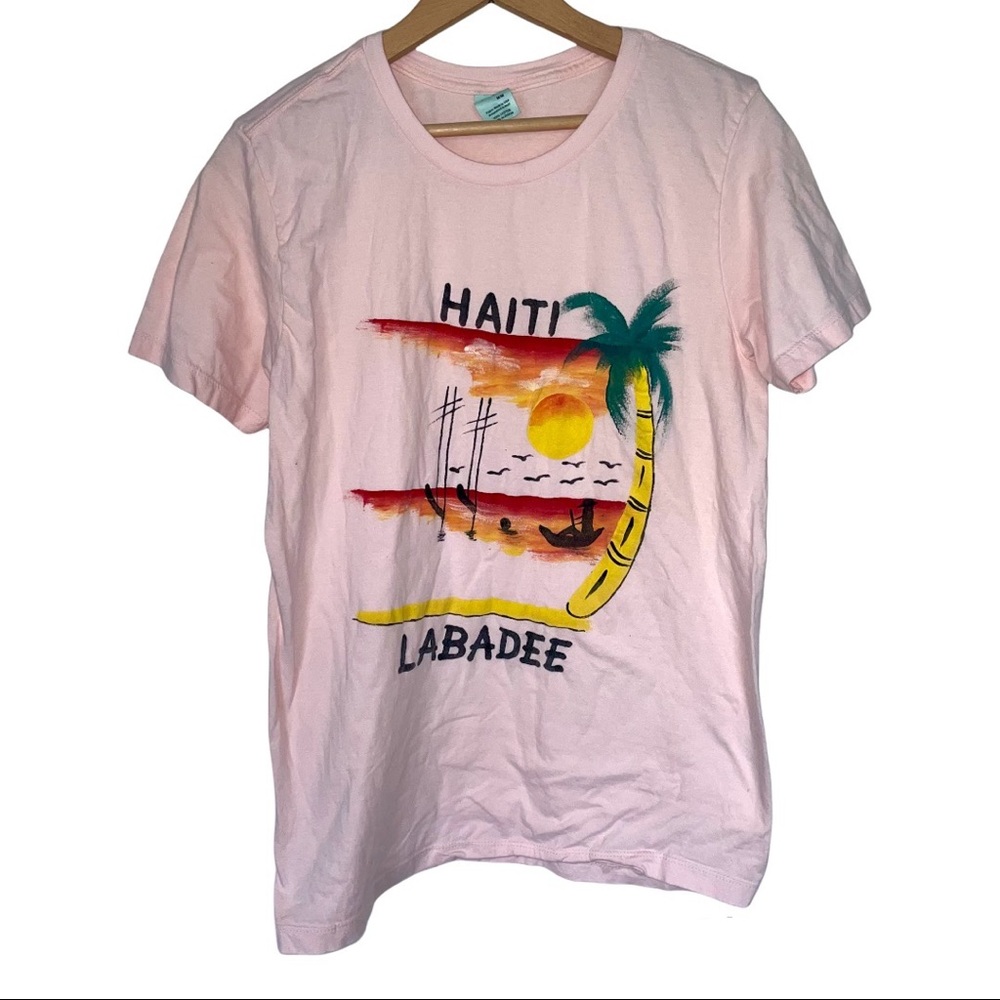 Haiti Labadee Pink Graphic Tee T-Shirt Short Sleeve Palm Tee Sunset
